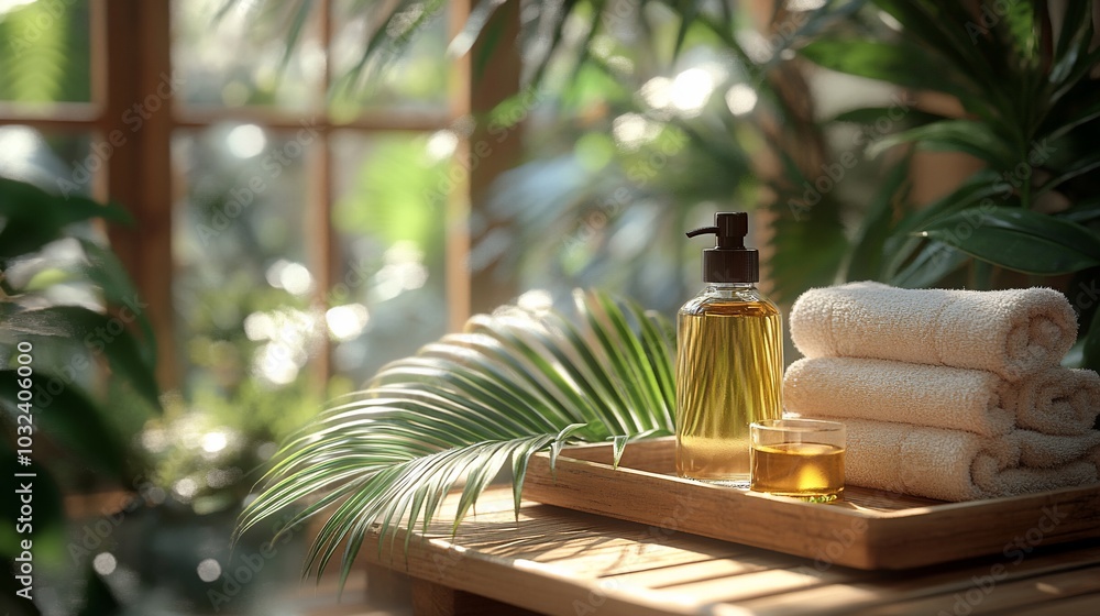 A spa setting with towels, oil and a palm leaf on a wooden tray. A spa setting with towels, oil and a palm leaf on a wooden tray.