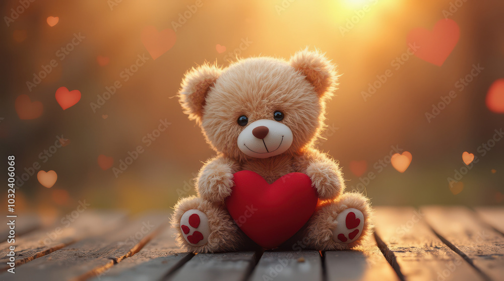 Cute teddy bear holding heart sitting on wooden table Cute teddy bear holding heart sitting on wooden table