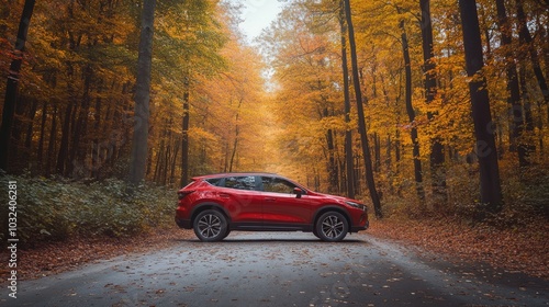 A red car parked on a road surrounded by autumn trees in a serene forest setting.