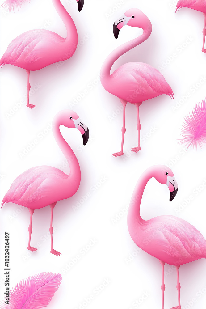 Fototapeta premium Colorful pink flamingos and feathers against a white background create a vibrant pattern
