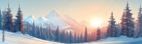 Sun Setting Over Snowy Mountain Range and Pine Trees