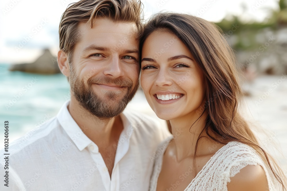 A couple stands close together on the beach, both smiling brightly as they enjoy a beautiful sunset. The soft waves roll in behind them, creating a serene atmosphere as they share a joyful moment. A couple stands close together on the beach, both smiling brightly as they enjoy a beautiful sunset. The soft waves roll in behind them, creating a serene atmosphere as they share a joyful moment.