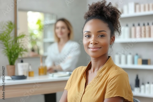 A young woman sits confidently in a beauty salon, her radiant smile reflecting satisfaction as she enjoys a skincare treatment. In the background, a professional beautician prepares products, creating