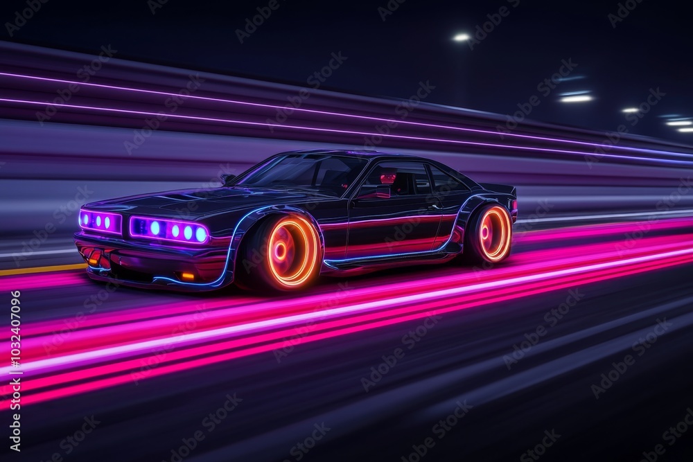 Obraz premium Vintage synthwave car design, with glowing rims cruising along a vibrant road