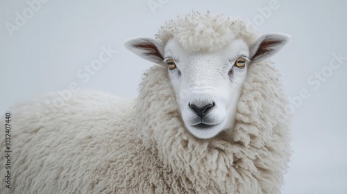 a solitary sheep gracefully positioned against a clean white background emphasizing its fluffy wool and gentle features evoking a sense of calm and simplicity in nature