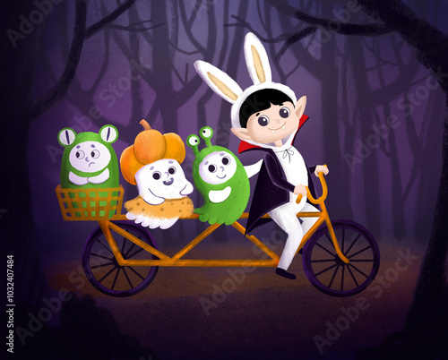 A magical vampire with ghosts in costumes are riding a bicycle in the middle of a mysterious dense forest at night or in the evening. Cartoon illustration for Halloween.
