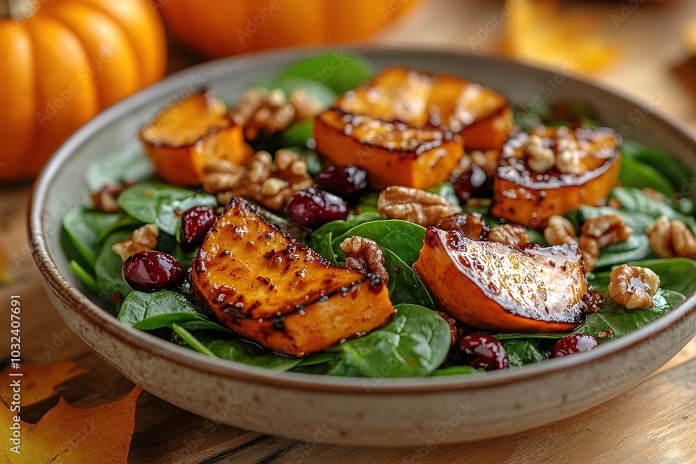 Roasted pumpkin salad with spinach and walnut on a black plate on a old wooden background. Top view Roasted pumpkin salad with spinach and walnut on a black plate on a old wooden background. Top view