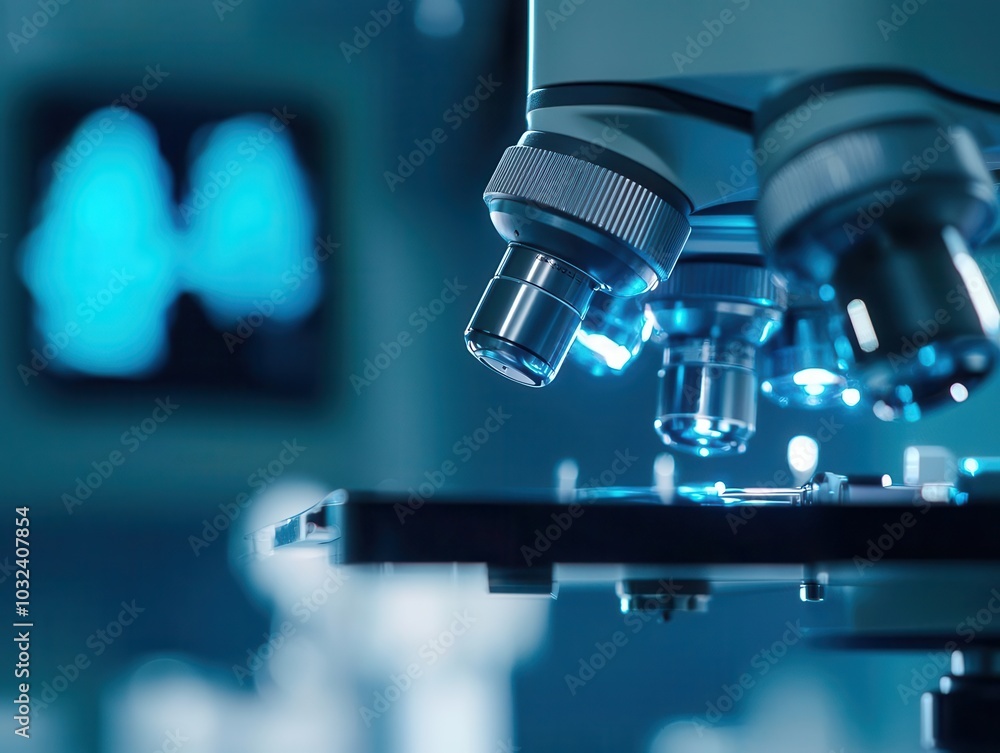 A close-up view of a microscope with illuminated lenses, set against a blurred laboratory background featuring scientific imagery. A close-up view of a microscope with illuminated lenses, set against a blurred laboratory background featuring scientific imagery.