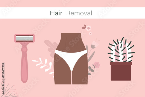 Girl making epilation. Intime zone, legs hair removal on dark afro skin. Beauty salon, removal procedure advertising. Smooth skin depilation. Choice between cactus and razor.