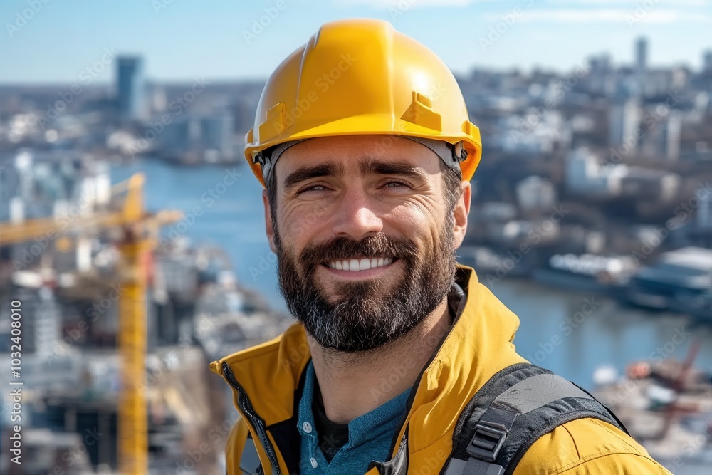 A construction worker stands on a high rise building site, smiling confidently at the camera. The city skyline and river create a vibrant backdrop, showcasing a bright day filled with opportunity in u A construction worker stands on a high rise building site, smiling confidently at the camera. The city skyline and river create a vibrant backdrop, showcasing a bright day filled with opportunity in u