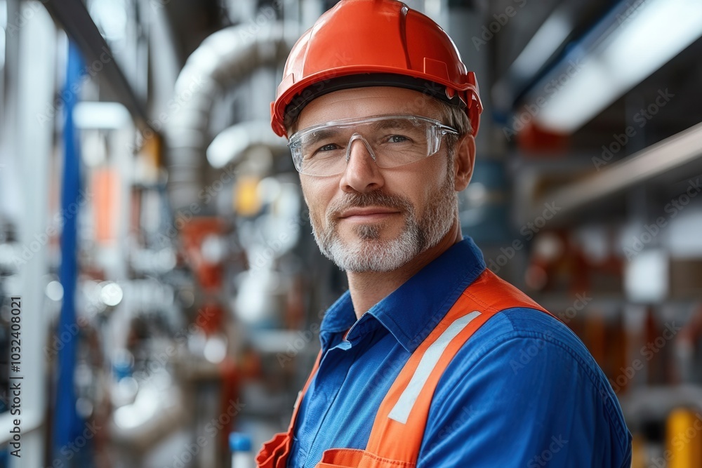 A man in an industrial environment stands confidently, wearing an orange hard hat and safety glasses. His blue shirt complements the orange vest, reflecting his commitment to safety in a factory or co A man in an industrial environment stands confidently, wearing an orange hard hat and safety glasses. His blue shirt complements the orange vest, reflecting his commitment to safety in a factory or co