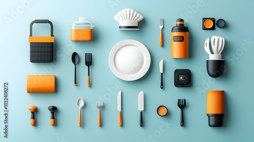 Minimal and simple design catering icon set featuring essential elements such as plate cloche chef hat and cutlery for restaurant cafe or food service branding and menu design