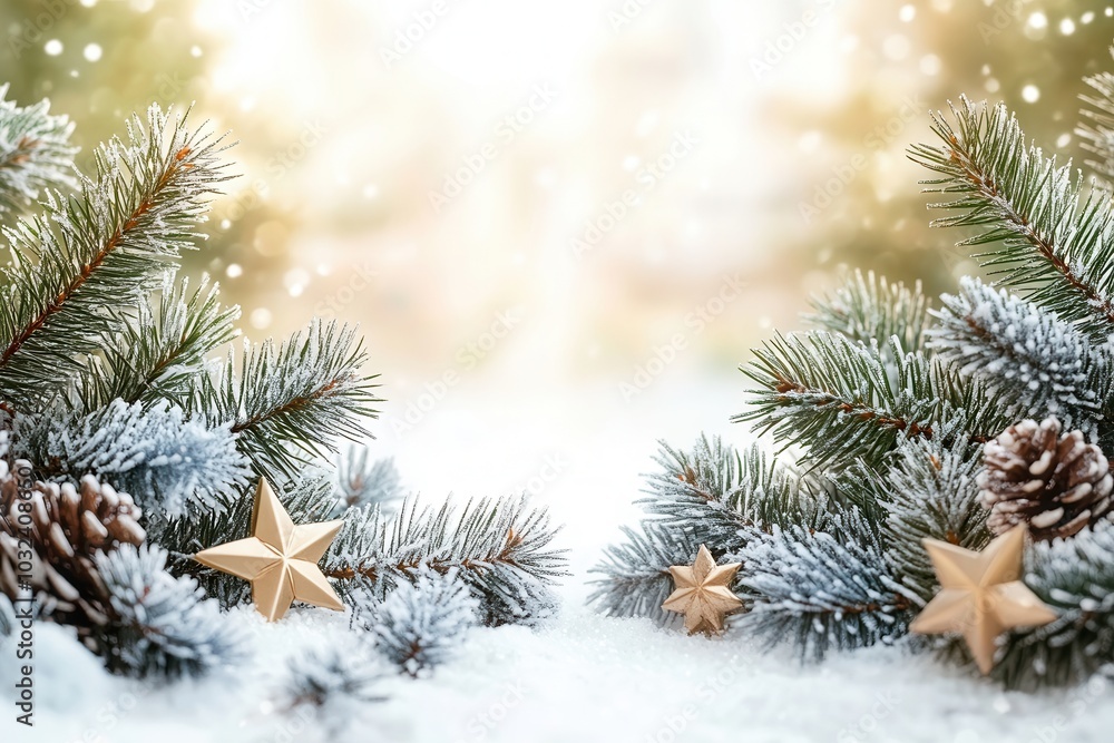 Snow blankets a serene landscape where green pine branches are adorned with golden stars and pine cones. Soft light filters through, creating a magical atmosphere perfect for the holiday season. Snow blankets a serene landscape where green pine branches are adorned with golden stars and pine cones. Soft light filters through, creating a magical atmosphere perfect for the holiday season.