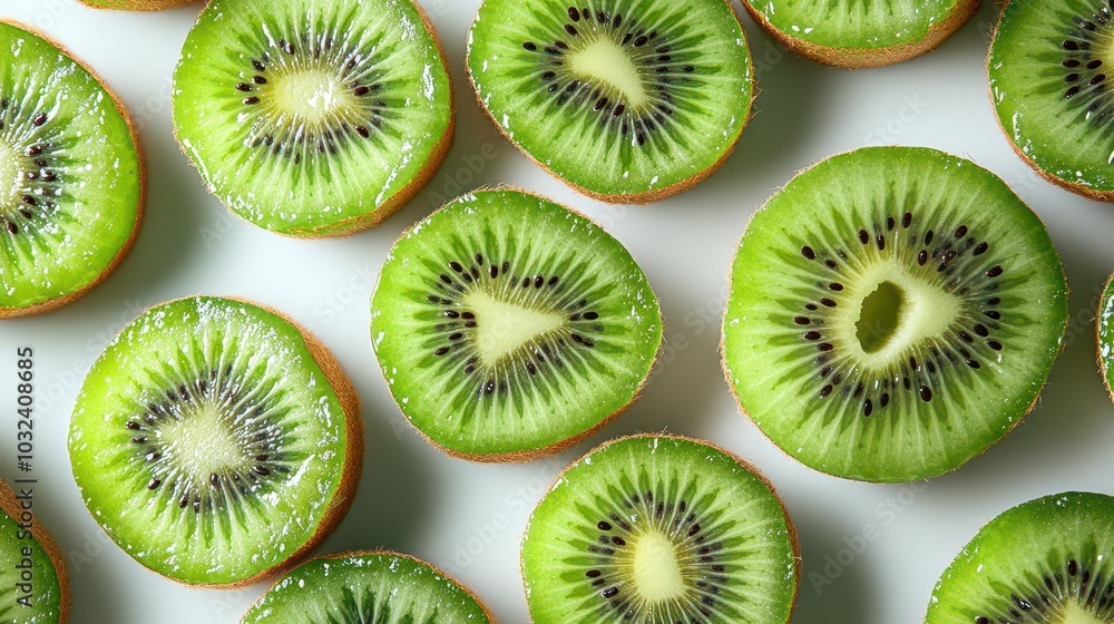 a vibrant collection of sliced and whole kiwis displayed against a clean white backdrop emphasizing freshness and the juicy appeal of this tropical fruit in a visually appealing arrangement a vibrant collection of sliced and whole kiwis displayed against a clean white backdrop emphasizing freshness and the juicy appeal of this tropical fruit in a visually appealing arrangement