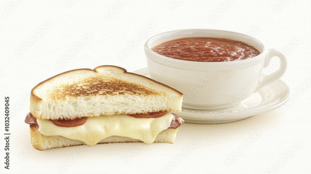 Grilled Cheese Sandwich and Tomato Soup on Table Grilled Cheese Sandwich and Tomato Soup on Table