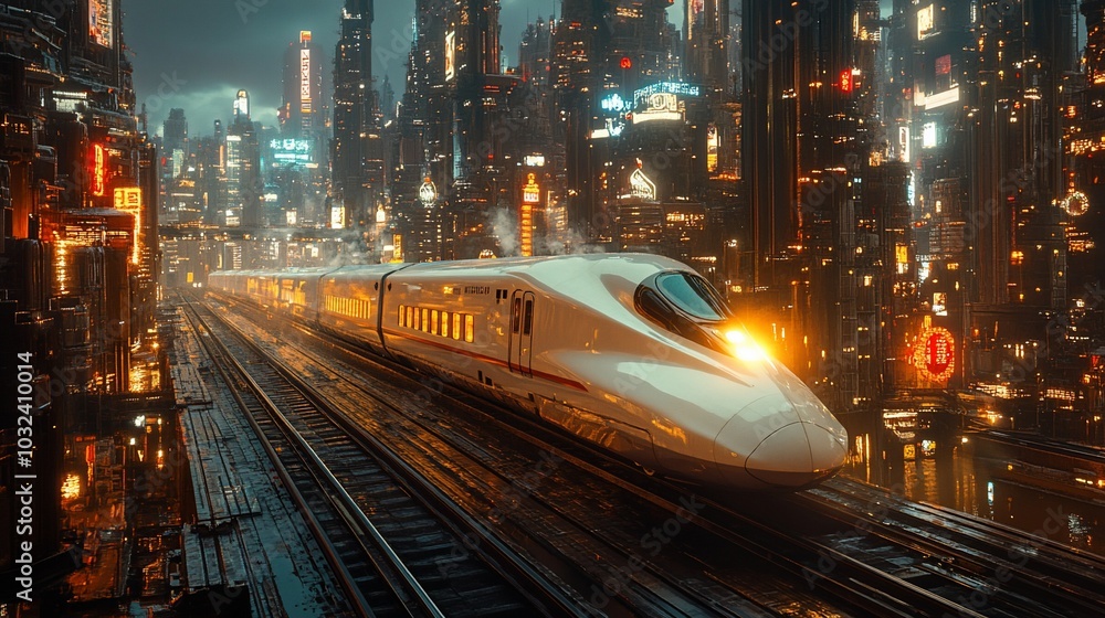 A high-speed train travels through a futuristic cityscape at night. A high-speed train travels through a futuristic cityscape at night.