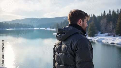 Contemplative man in puffy jacket standing by tranquil lake surrounded by snowy mountains photo