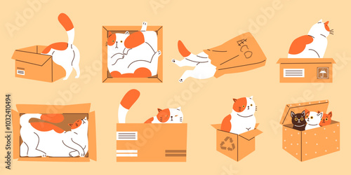 Cute cat playing lying and sitting inside in cardboard or paper bag in different poses vector flat set, funny feline pet