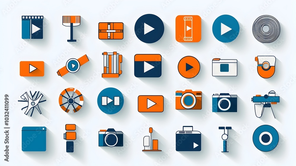 Flat icon set featuring a collection of media buttons such as play pause and stop as well as movie related elements like a film reel Flat icon set featuring a collection of media buttons such as play pause and stop as well as movie related elements like a film reel