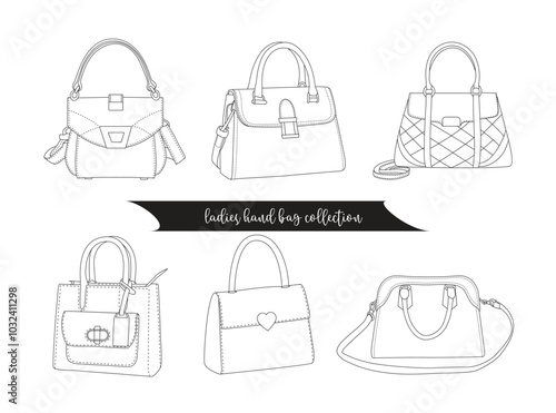Vector designer ladies handbag silhouette and line art.one line drawing illustration.