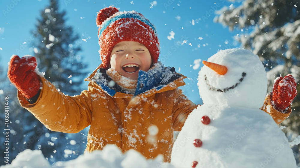 Joyful Boy Playing in Snow and Making Snowballs Joyful Boy Playing in Snow and Making Snowballs