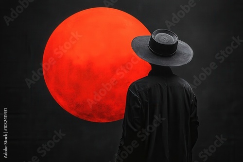 A solitary figure dressed in dark clothing stands with their back turned, admiring a striking large red moon against a dark backdrop in the quiet of night. The scene evokes a sense of mystery and cont photo