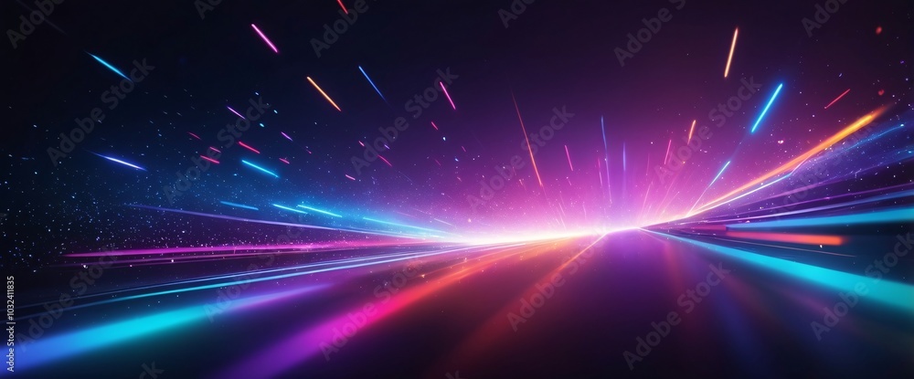 Fototapeta premium A vibrant and glamorous abstract background with a mixture of neon lights, glowing sparkles, and a soft, luxurious texture. The image captures the essence of nightlife with its de focused bookend
