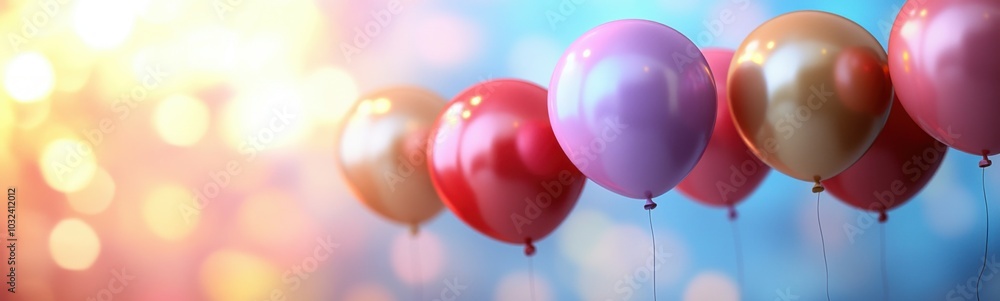 Several balloons are hanging from strings against a bright background Several balloons are hanging from strings against a bright background
