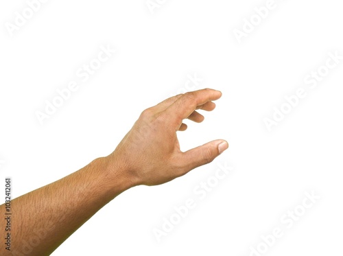 Male hand reaching for something on business concept Isolated on a white background.	