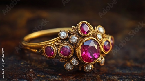 Gorgeous ring made of antique gold set with real rubies and diamonds