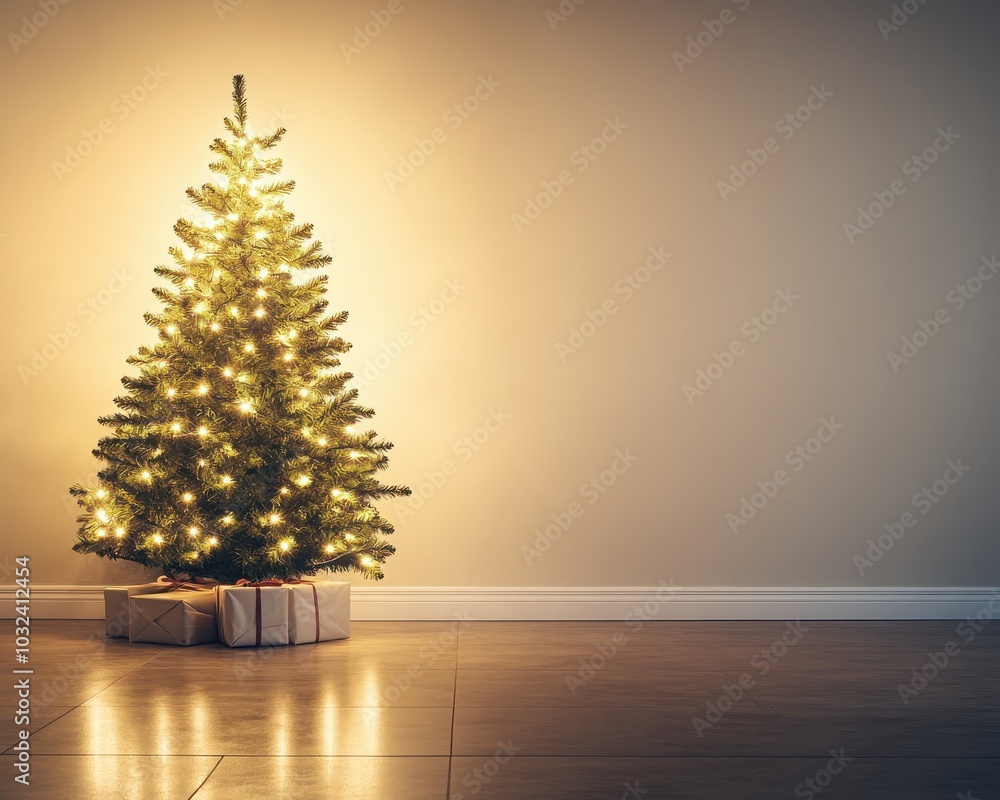 Christmas tree with lights in a cozy, festive setting, minimalistic background. Christmas tree with lights in a cozy, festive setting, minimalistic background.