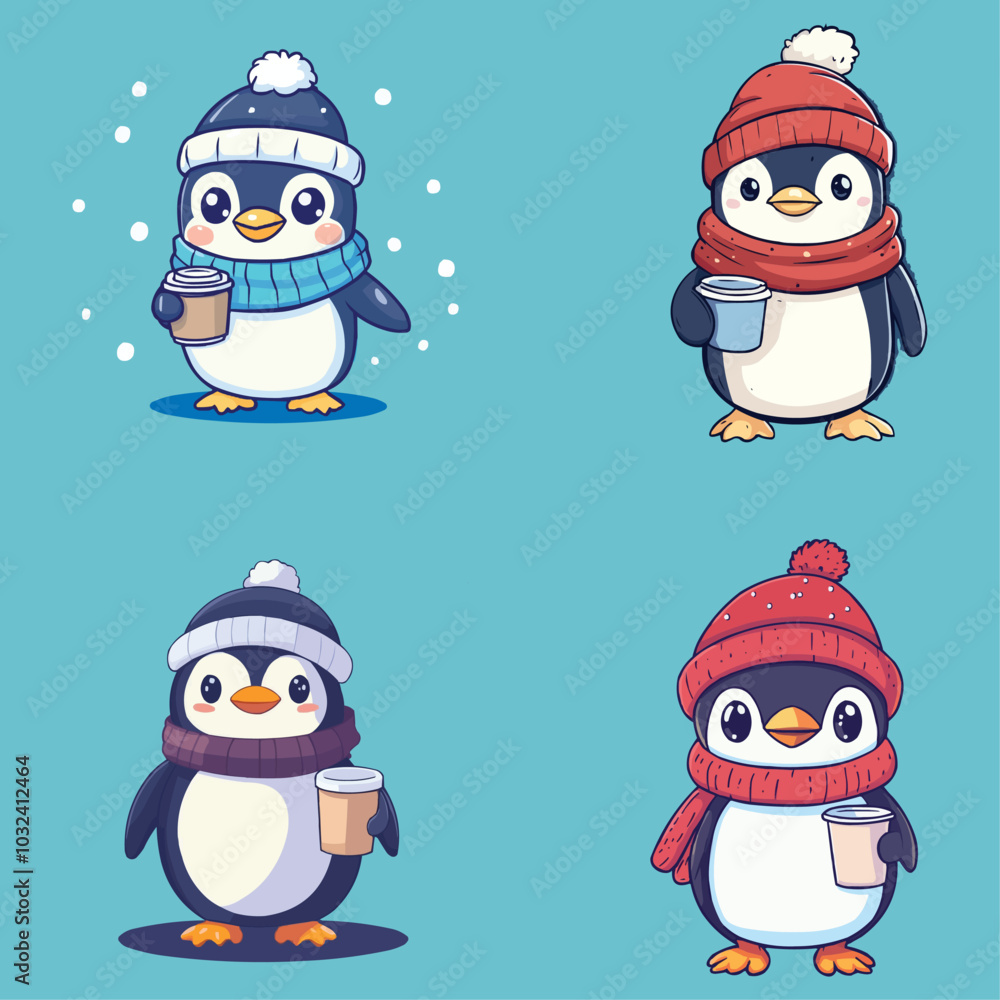 Naklejka premium set of cute penguin wearing a hat and scarf and holding a coffee cup in its hand