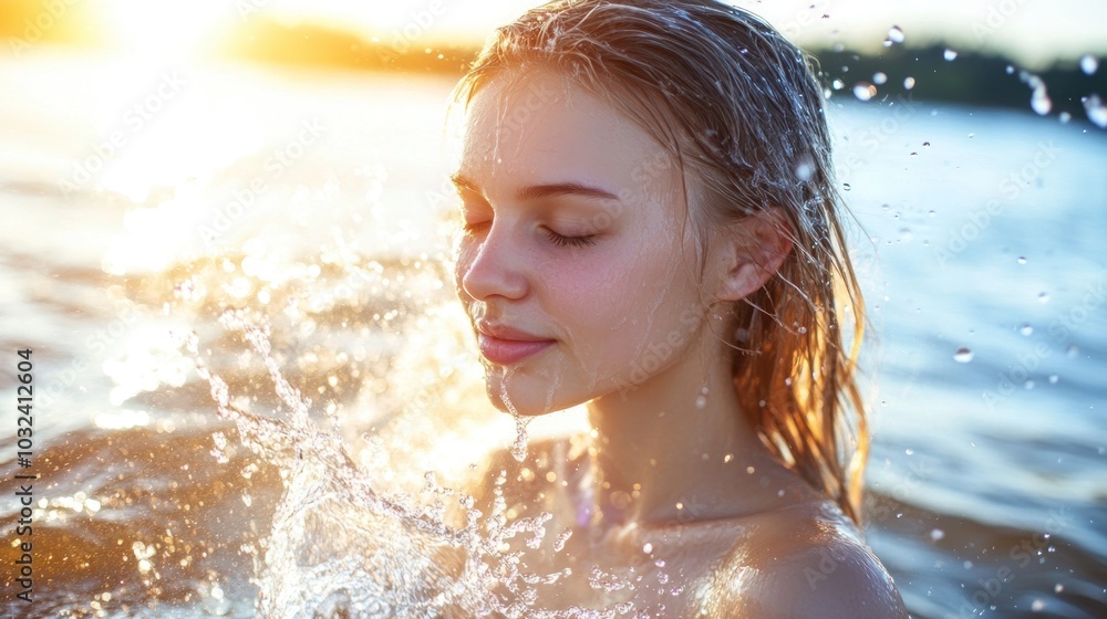 Obraz premium A Woman with Wet Hair and Skin Splashes in a Lake at Sunset