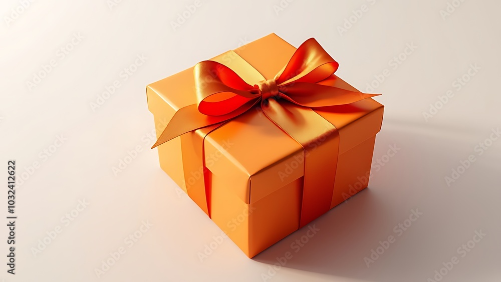 Obraz premium Orange golden gift box with ribbon. white background. Closed square surprise box. Ideal for promotional campaigns, black Friday, mother's day.
