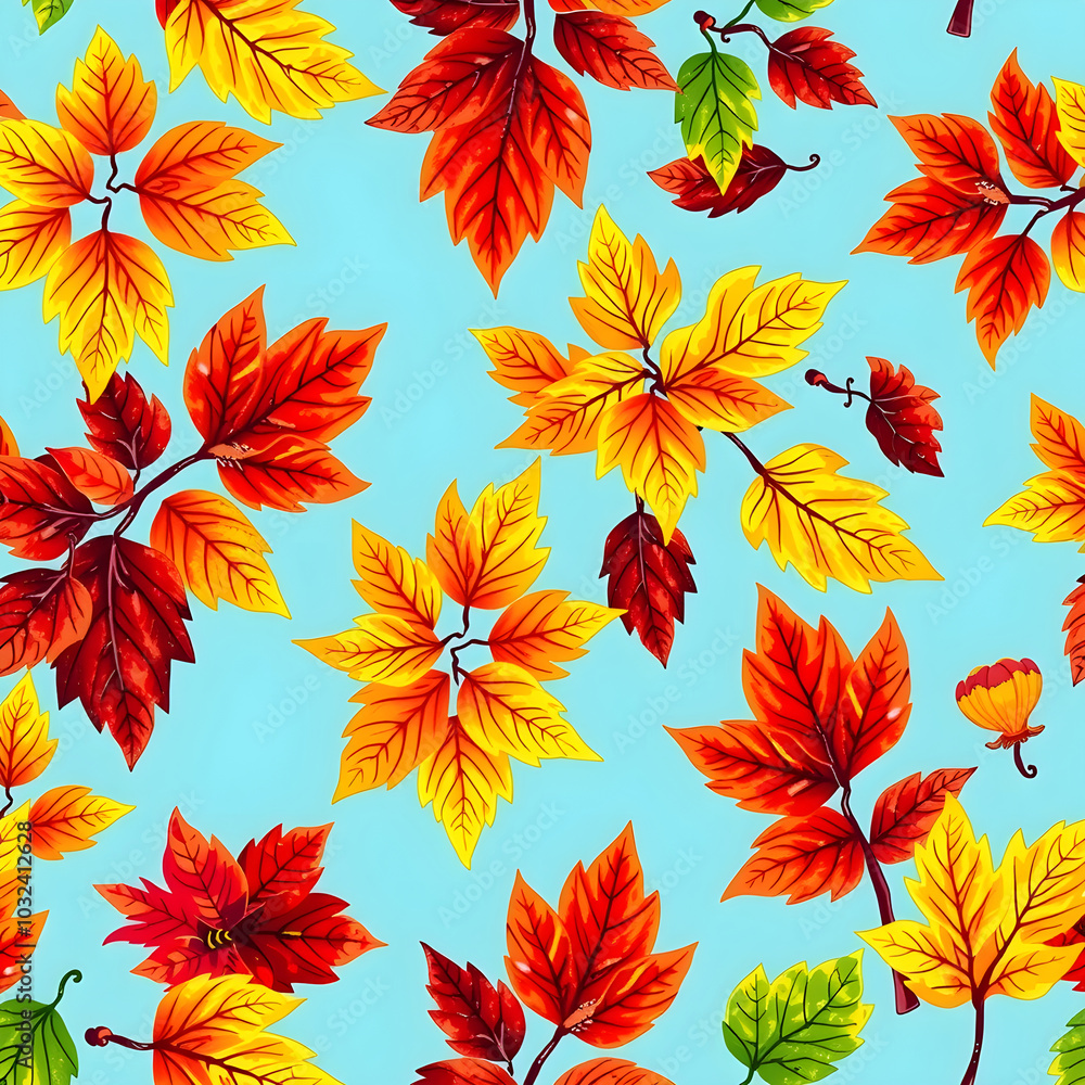 A colorful pattern of leaves with different shapes and sizes in a square format A colorful pattern of leaves with different shapes and sizes in a square format