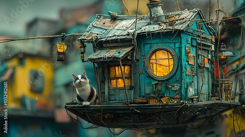 Floating Cat Bungalow: A whimsical cat house suspended from ropes, swaying gently. A mischievous cat peers out from the porthole window.  photo