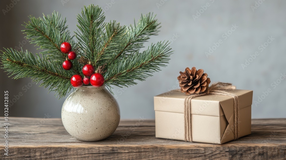 Decorative Christmas arrangement with pine branches and wrapped gift box. Decorative Christmas arrangement with pine branches and wrapped gift box.