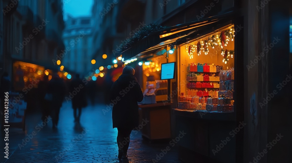 Naklejka premium Cozy street scene with illuminated shops and festive lights in evening ambiance.