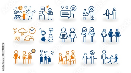 Set of thin outline icons depicting various human figures community members audience and team participants in modern style for organizational and corporate themes