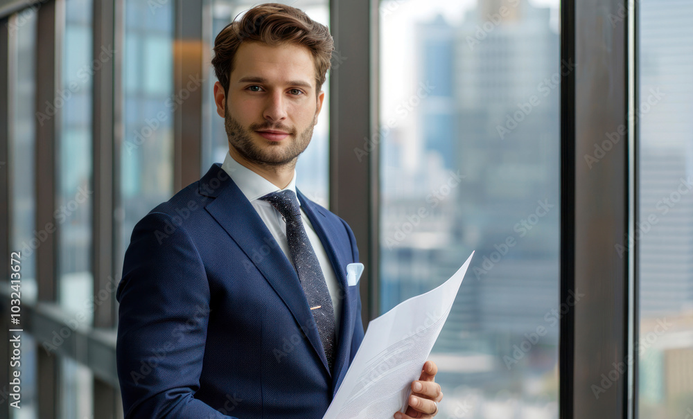 Businessman holding documents in a modern office environment... Businessman holding documents in a modern office environment...