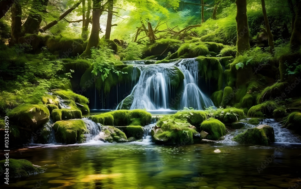 Beautiful waterfall surrounded by lush green nature Beautiful waterfall surrounded by lush green nature
