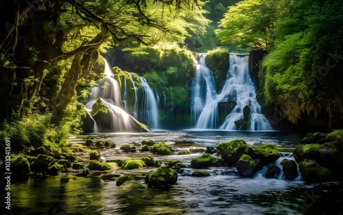 Beautiful waterfall surrounded by lush green nature