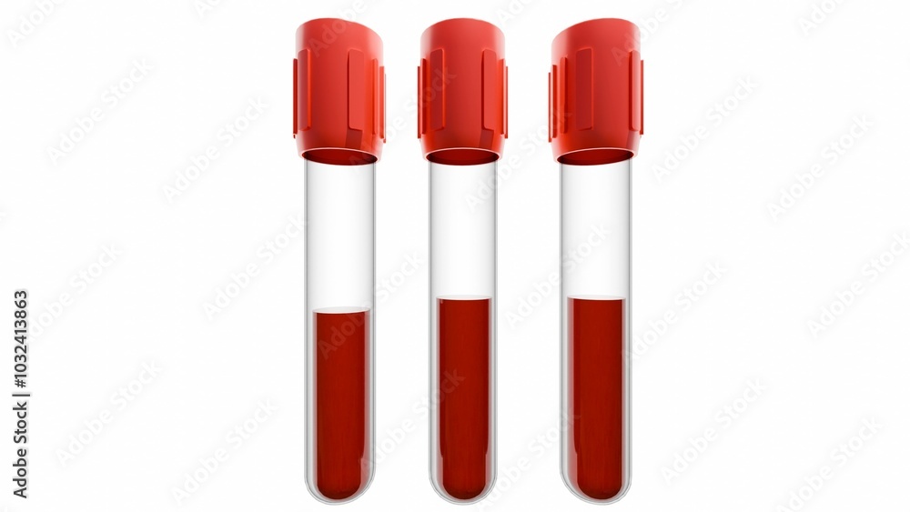 3d rendering of red-capped blood collection tubes. The tubes are labeled 3d rendering of red-capped blood collection tubes. The tubes are labeled