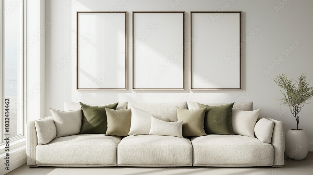 neutral-toned, stylish living room with an artistic mock-up frame print on the wall, olive green pillows, and a comfortable sofa. cozy interior design. Model neutral-toned, stylish living room with an artistic mock-up frame print on the wall, olive green pillows, and a comfortable sofa. cozy interior design. Model
