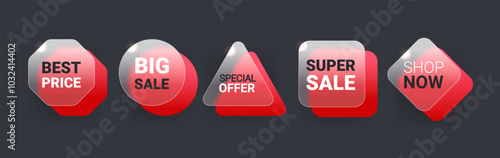 Different commercial special offer tags in glass morphism tag. Red sale badges on dark background