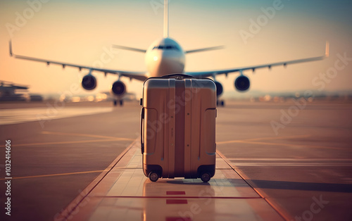 Suitcase on runway with blurred airplane background photo