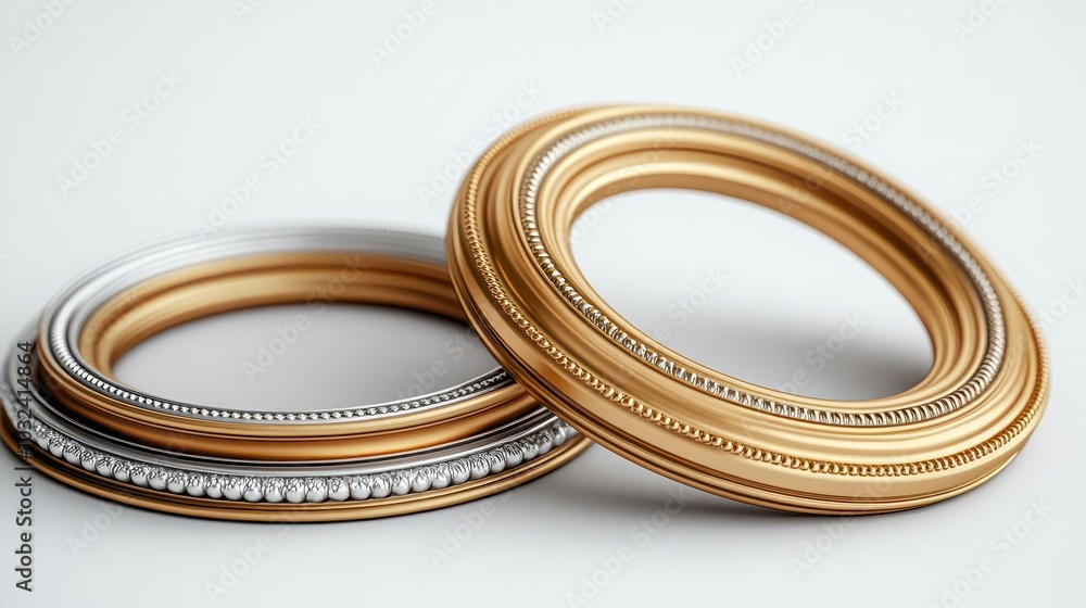 antique round and oval gold picture frames isolated against a pristine white background emphasizing elegance and a timeless charm for artistic display antique round and oval gold picture frames isolated against a pristine white background emphasizing elegance and a timeless charm for artistic display