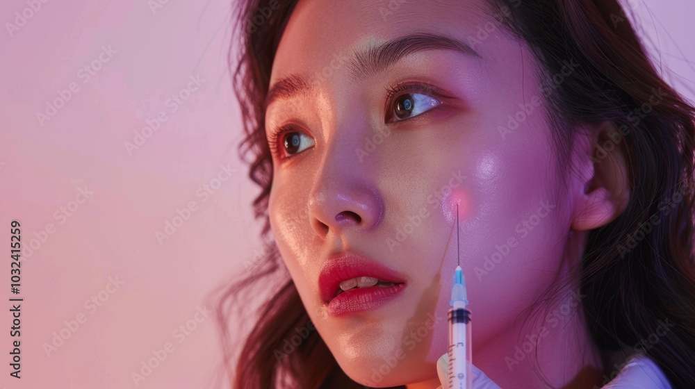 Asian girl at a beauty clinic receiving cosmetic surgery for skin whitening and rejuvenation, achieving a youthful appearance Asian girl at a beauty clinic receiving cosmetic surgery for skin whitening and rejuvenation, achieving a youthful appearance
