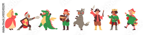 Children in costumes for fairy tale theater play cartoon vector set, pirate, red riding hood, wolf, princess knight king