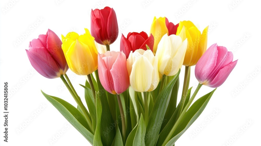 A Bouquet of Colorful Tulips with Green Leaves A Bouquet of Colorful Tulips with Green Leaves